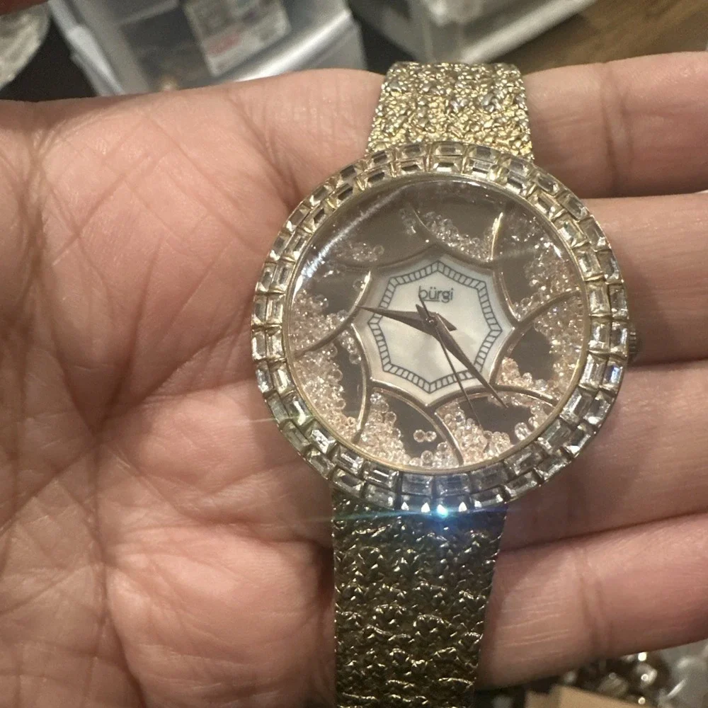 Working BURGI Womens Dainty Watch Swarovski Crystals MOP Gold Tone 37mm Fit 7.5